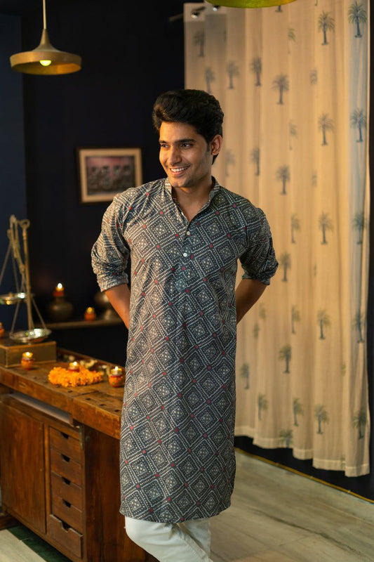 GREY GEOMETRIC SILK PRINTED KURTA PAJAMA SET