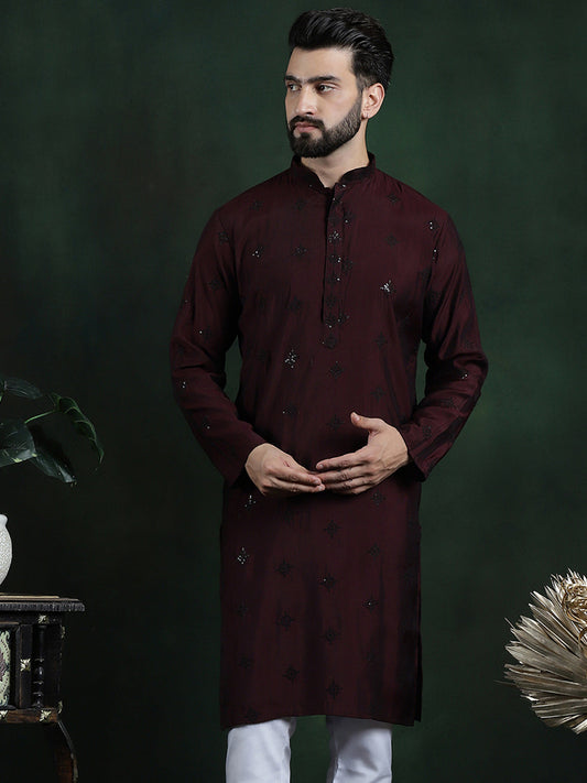 THE KRUTA HOUSE WINE SEQUENCE EMBROIDERY WORKED MEN'S KURTA WIth PAJAMA