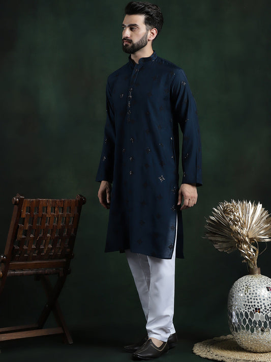 THE KRUTA HOUSE BLUE AND BLACK SEQUENCE EMBROIDERY WORKED MEN'S KURTA WIth PAJAMA