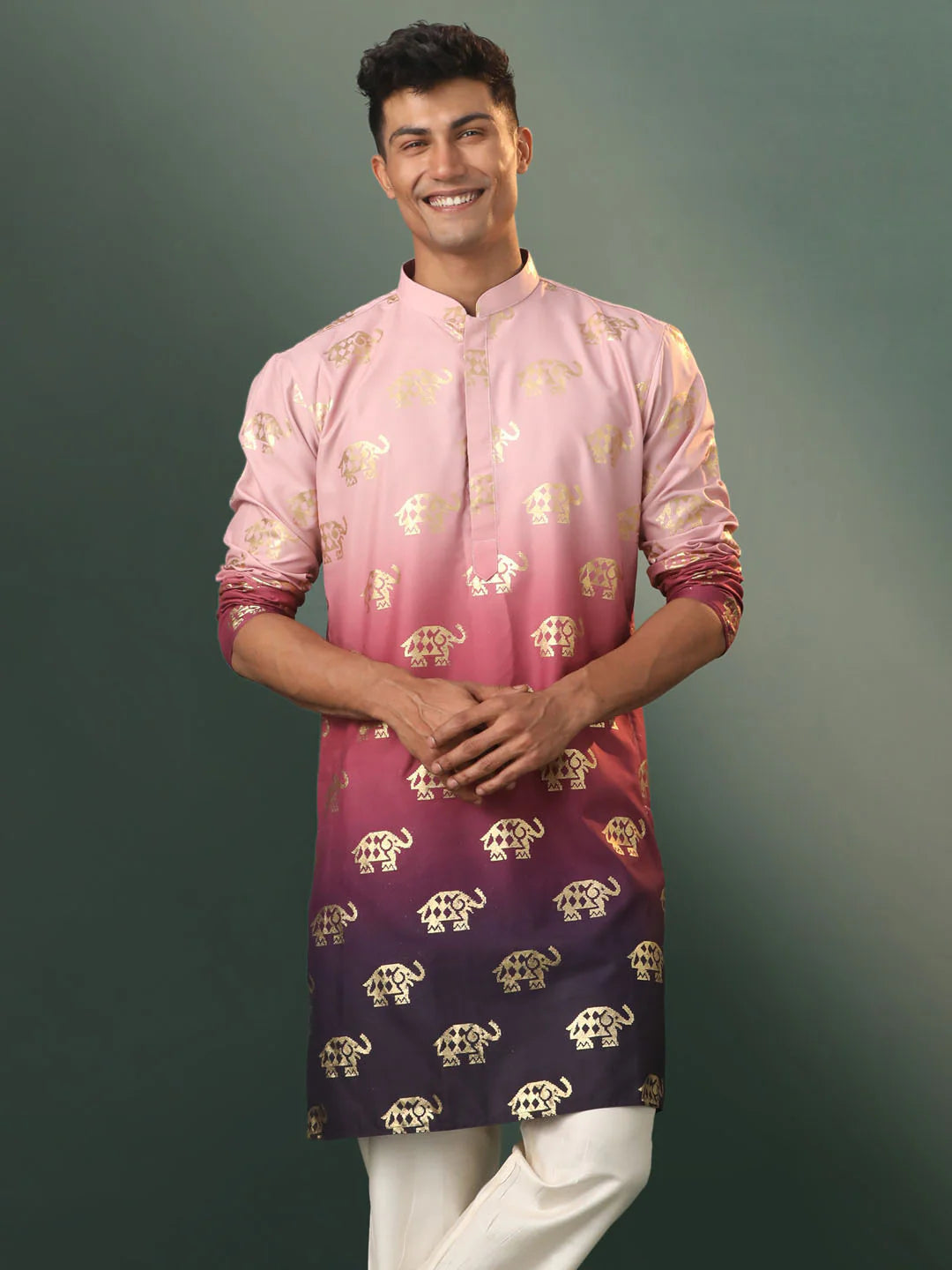 THE KURTA HOUSE  MEN'S OMBRE ELEPHANT MOTIF PRINT COTTON BLEND KURTA WITH WHITE PAJAMA