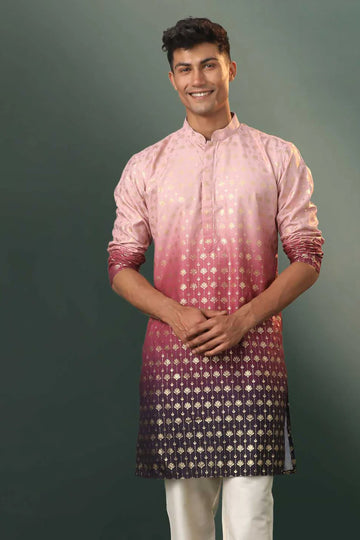 THE KURTA HOUSE MEN'S OMBRE FLORAL MOTIF PRINT COTTON BLEND KURTA