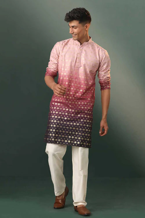 THE KURTA HOUSE MEN'S OMBRE FLORAL MOTIF PRINT COTTON BLEND KURTA