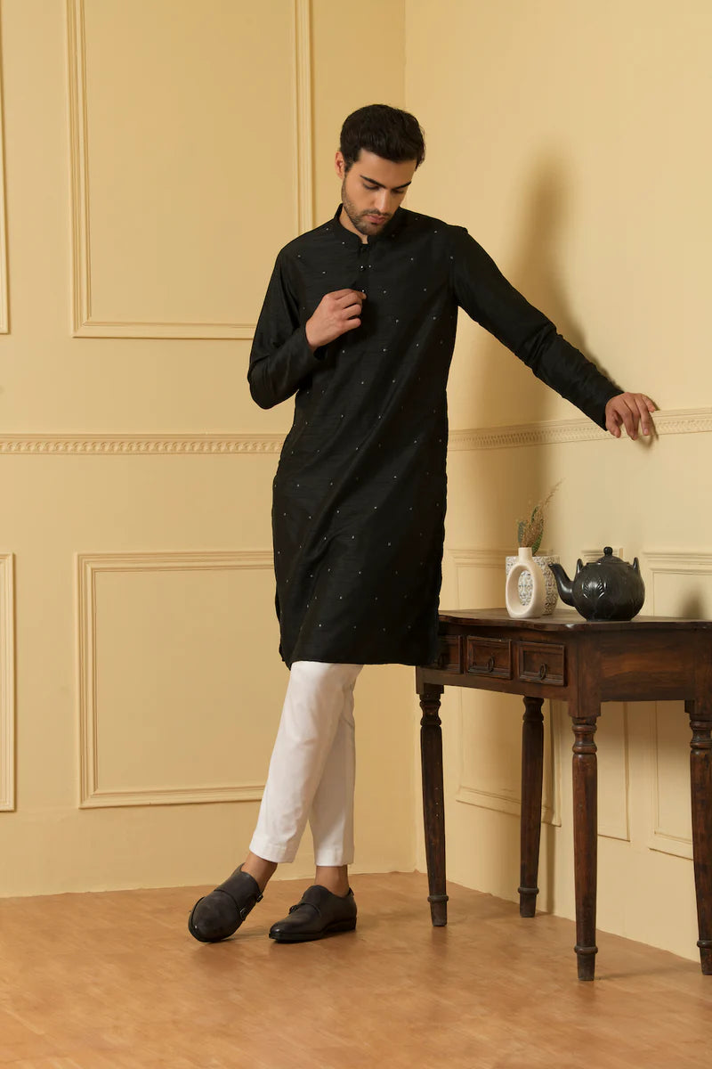 BLACK DOT EMBRODRY  KURTA WITH WHITE PAJAMA