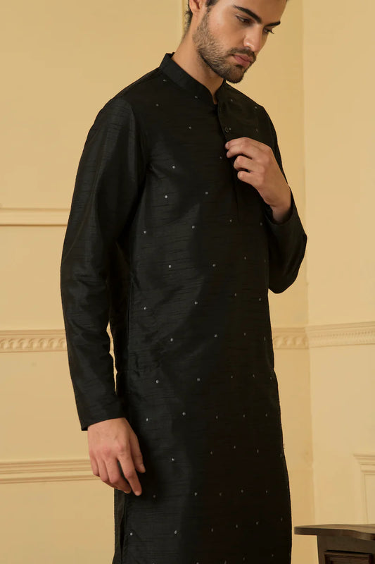 BLACK DOT EMBRODRY  KURTA WITH WHITE PAJAMA