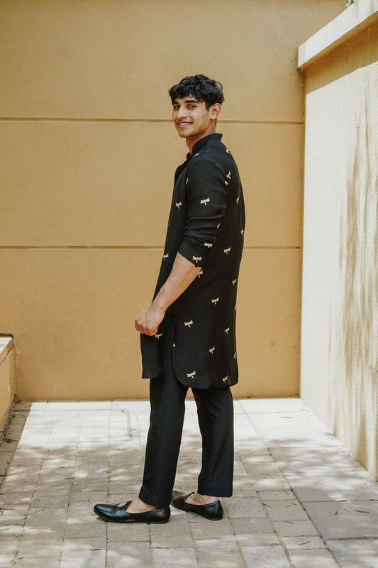 BLACK DRAGONFLY EMBROIDERY WORKED KURTA WITH PAJAMA