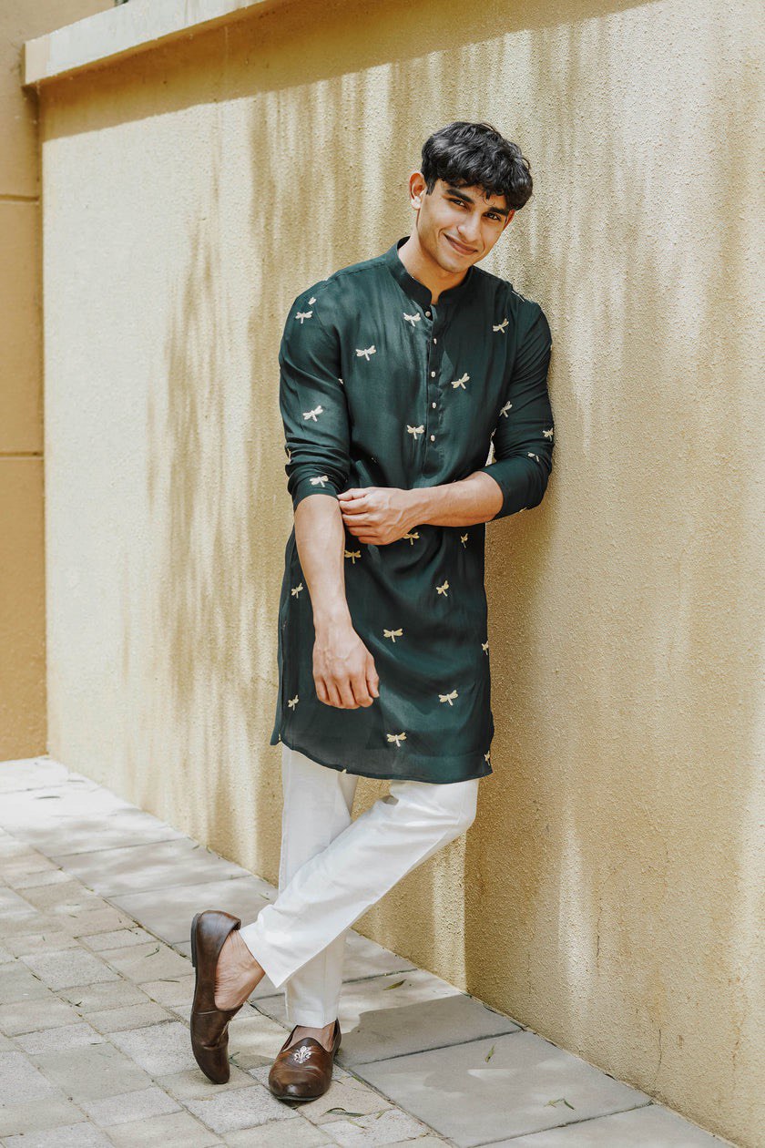 GREEN DRAGONFLY EMBROIDERY WORKED MENS KURTA WITH PAJAMA