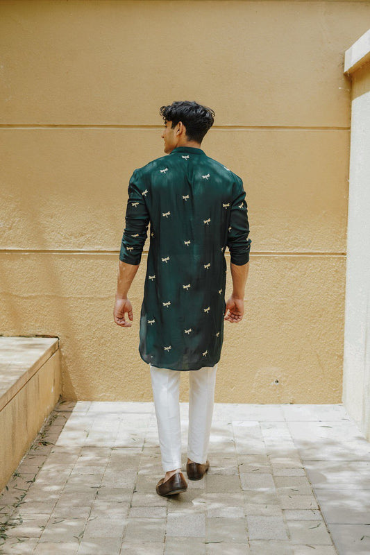 GREEN DRAGONFLY EMBROIDERY WORKED MENS KURTA WITH PAJAMA