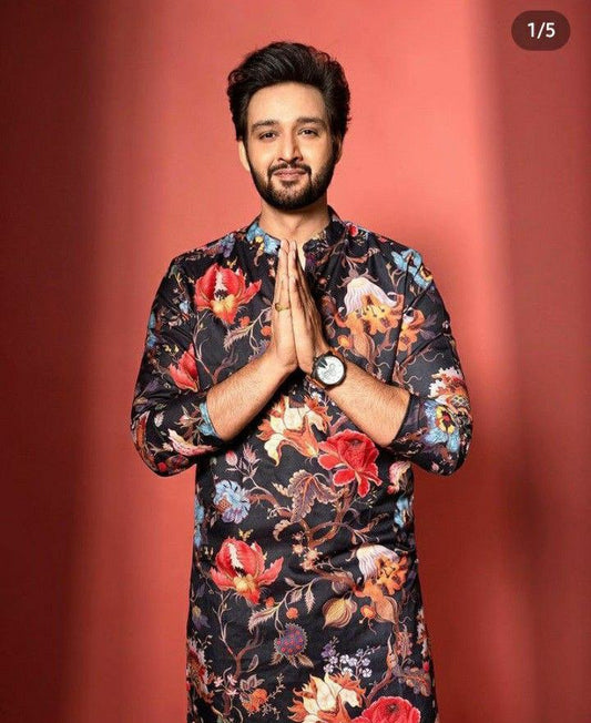 BLACK FLORAL PRINTED KURTA  WITH PAJAMA