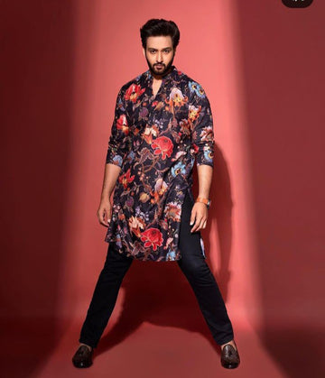 BLACK FLORAL PRINTED KURTA  WITH PAJAMA