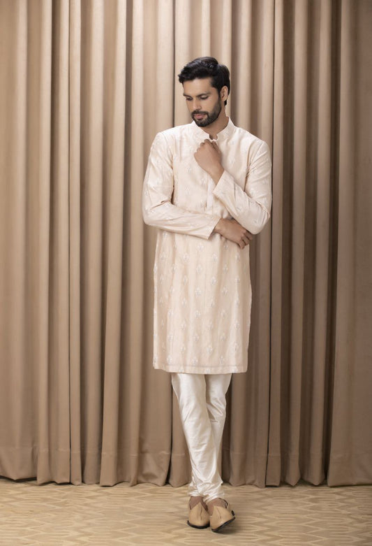 BEIGE  MOTIF  EMBROIDERY WORKED MENS KURTA WITH WHITE PAJAMA