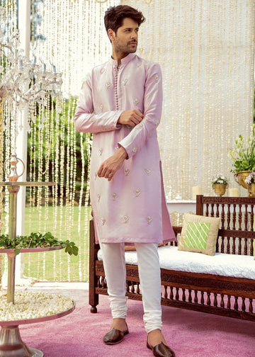 LAVENDER MIST RAW SILK KURTA AND CHOORIDAE PAJAMA