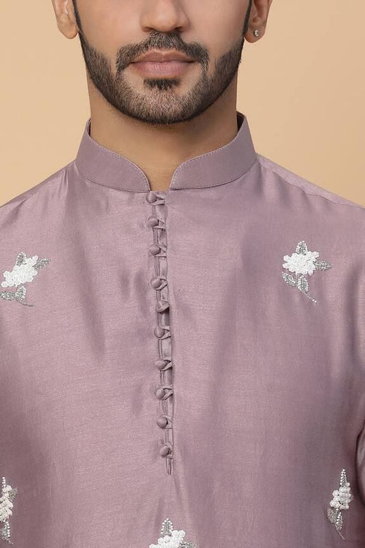 Purple chanderi silk kurta with floral embroidery made with pearls &amp; cutdana. Paired with pant.