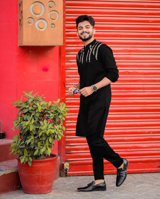 BLACK DAMAN LEAF EMBRODRY BLACK KURTA WITH  BLACK PAJAMA