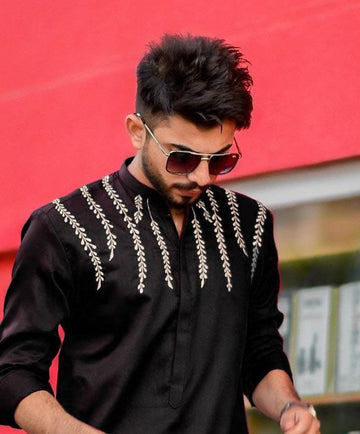 BLACK DAMAN LEAF EMBRODRY BLACK KURTA WITH  BLACK PAJAMA