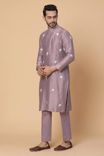 Purple chanderi silk kurta with floral embroidery made with pearls &amp; cutdana. Paired with pant.