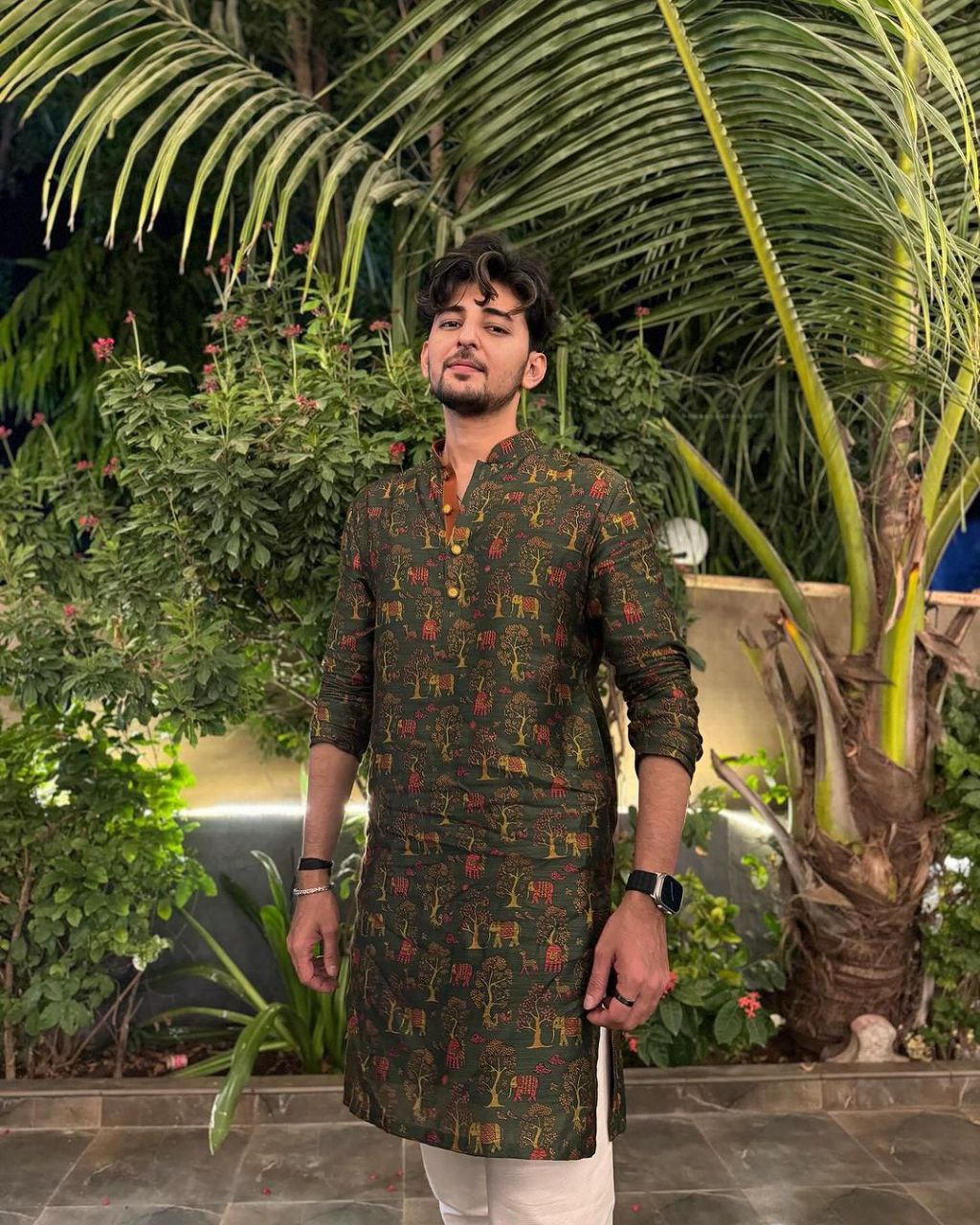 OLIVE GREEN SILK PRINTED KURTA PAJAMA SET