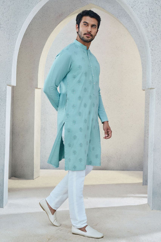 SKY BLUE FLORAL MOTIFS EMBROIDERY WORK DESIGNER KURTA WITH PAJAMA