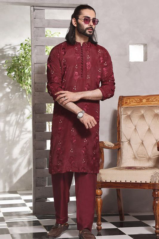 CELEBRITY MEN'S DESIGNER EMBRODRY RED  KURTA WITH PAJAMA