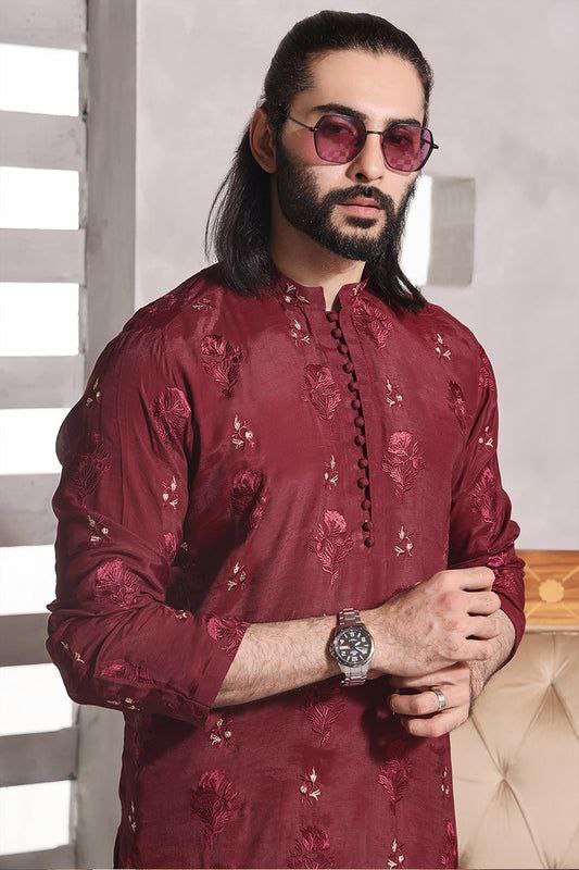 CELEBRITY MEN'S DESIGNER EMBRODRY RED  KURTA WITH PAJAMA