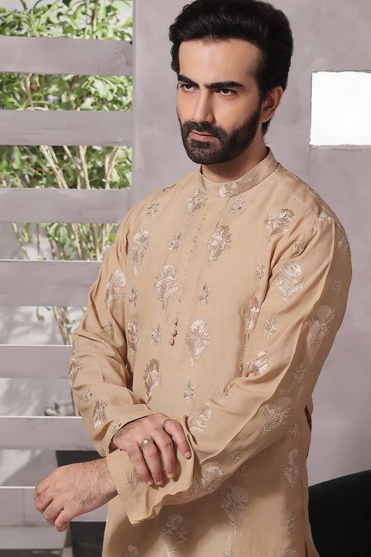 CELEBRITY MEN'S DESIGNER EMBRODRY GOLDEN CREAM KURTA WITH PAJAMA