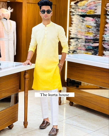 YELLOW LIGHT TO DARK SHADED EMBROIDEY WORKED MEN'S KURTA WITH PAJAMA