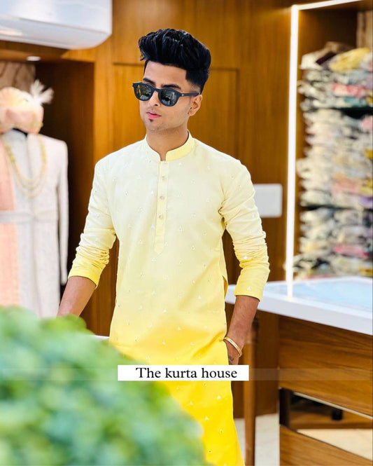 YELLOW LIGHT TO DARK SHADED EMBROIDEY WORKED MEN'S KURTA WITH PAJAMA