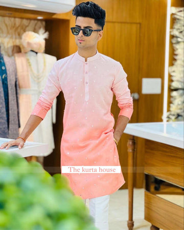 PEACH LIGHT TO DARK SHADED EMBROIDEY WORKED MEN'S KURTA WITH PAJAMA