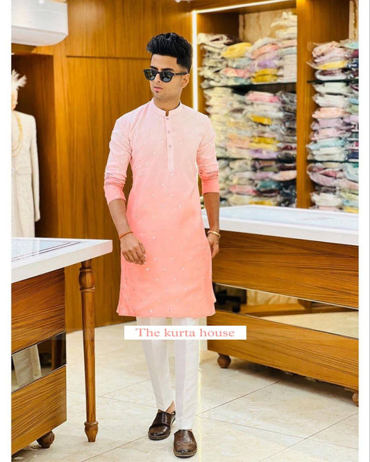 PEACH LIGHT TO DARK SHADED EMBROIDEY WORKED MEN'S KURTA WITH PAJAMA