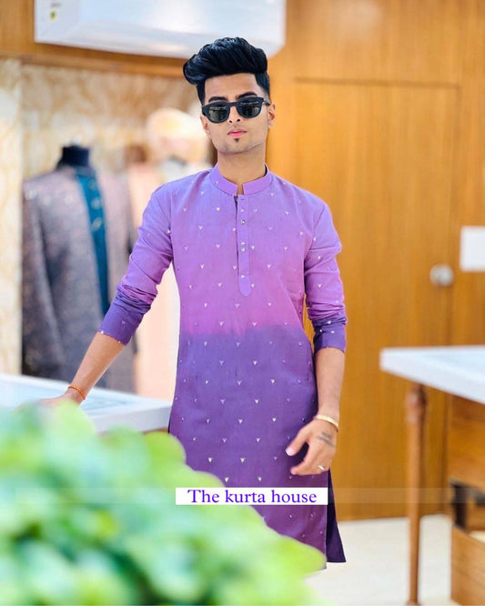 PURPLE LIGHT TO DARK SHADED EMBROIDEY WORKED MEN'S KURTA WITH PAJAMA