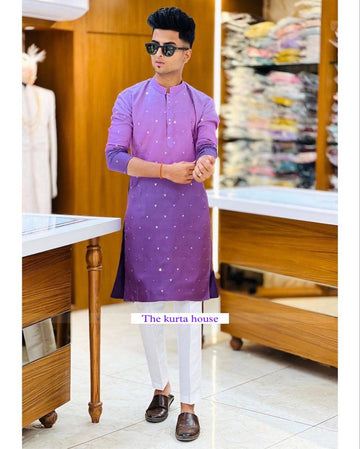 PURPLE LIGHT TO DARK SHADED EMBROIDEY WORKED MEN'S KURTA WITH PAJAMA