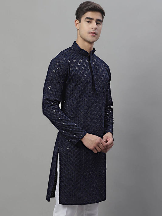 Men's Navy Blue Chikankari Embroidered And Sequence Kurta Only