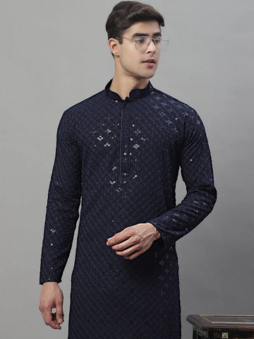 Men's Navy Blue Chikankari Embroidered And Sequence Kurta Only