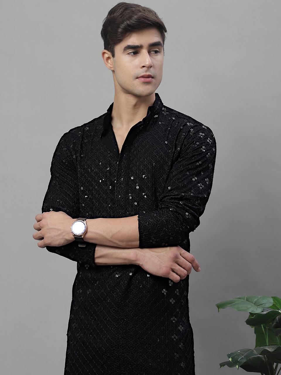 Men's Black Chikankari Embroidered And Sequence Kurta With Payjama.