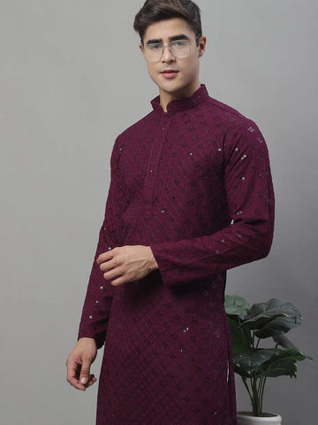 Men's Wine Chikankari Embroidered And Sequence Kurta With Payjama.