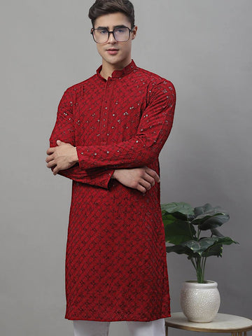 Men's Red Chikankari Embroidered And Sequence Kurta With Payjama.