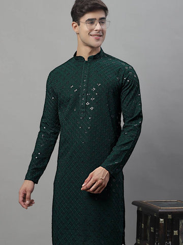 Men's Green Chikankari Embroidered And Sequence Kurta With Payjama.