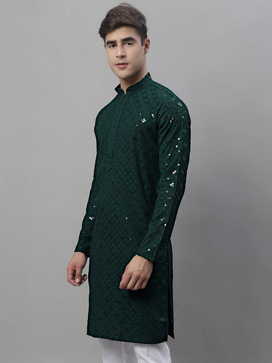 Men's Green Chikankari Embroidered And Sequence Kurta With Payjama.