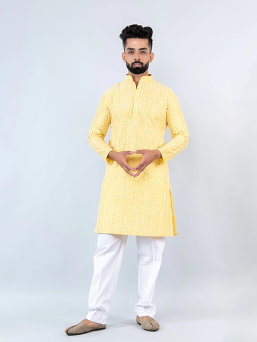 The Light Yellow Schiffli Embrodery Work Men's Kurta