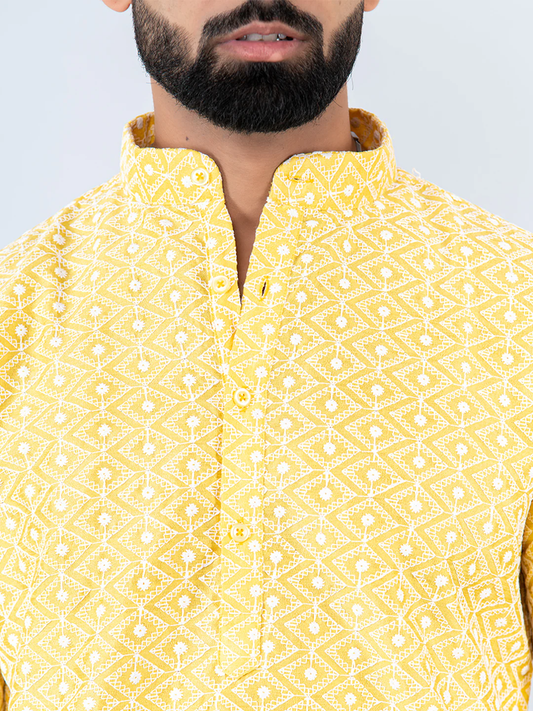 The Light Yellow Schiffli Embrodery Work Men's Kurta