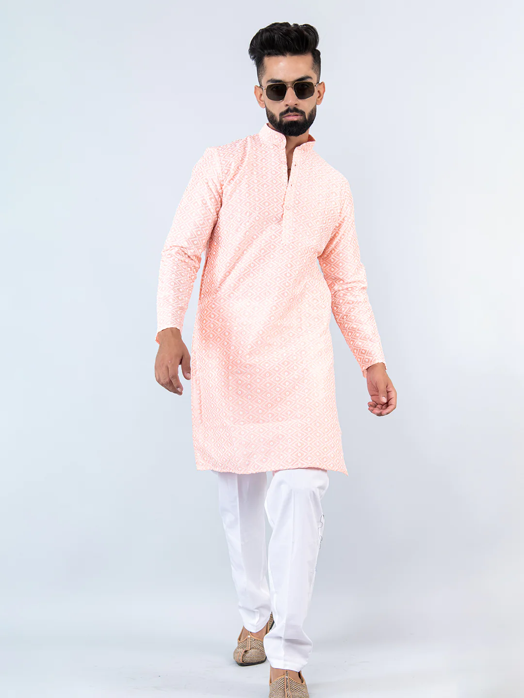 The Peach Schiffli Embrodery Work Men's Kurta