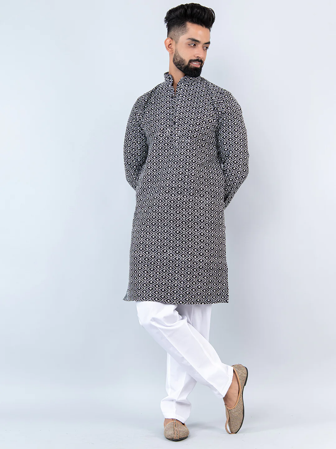 The Black Schiffli Embrodery Work Men's Kurta