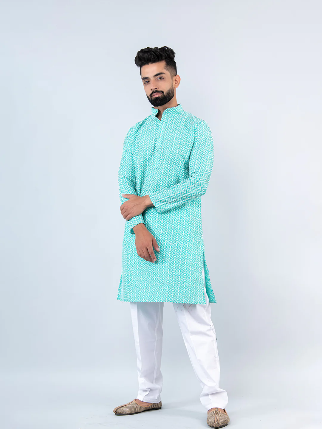 The Sky Blue Schiffli Embrodery Work Men's Kurta