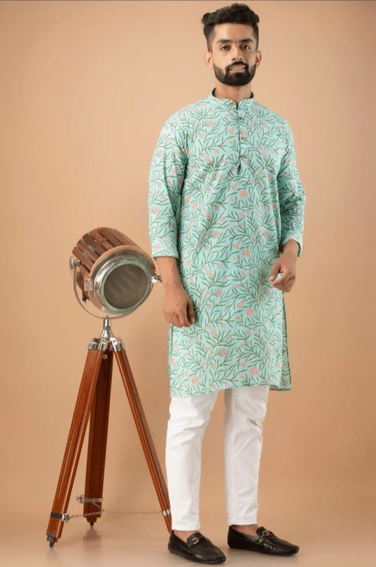 SKY BLUE FlORA PRINTED PURE COTTON KURTA