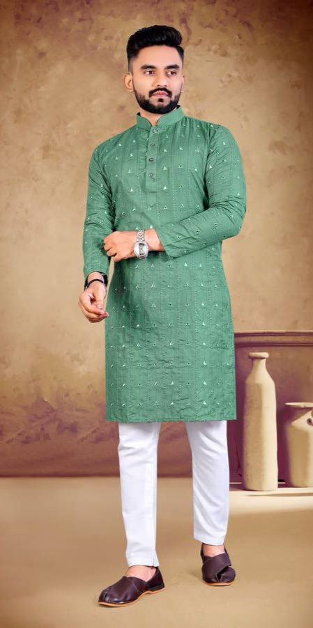 MEN'S MINT GREEN TRIANGAL EMBRODRY WORK KURTA ONLY