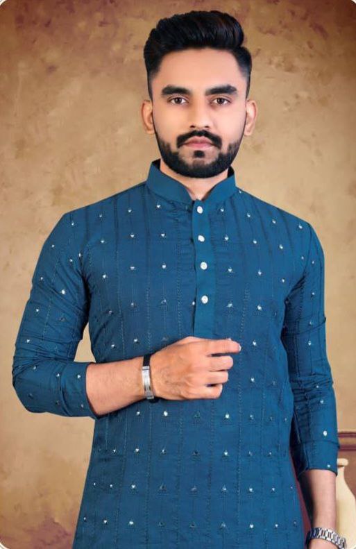 MEN'S BLUE TRIANGAL EMBRODRY WORK KURTA ONLY