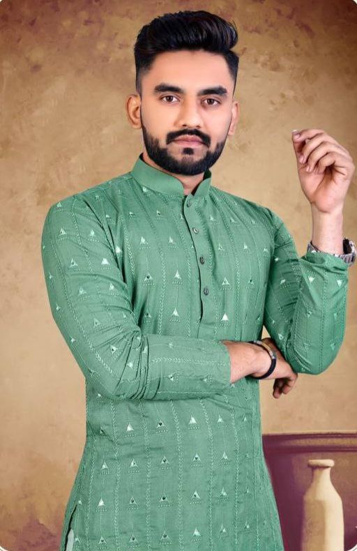 MEN'S MINT GREEN TRIANGAL EMBRODRY WORK KURTA ONLY