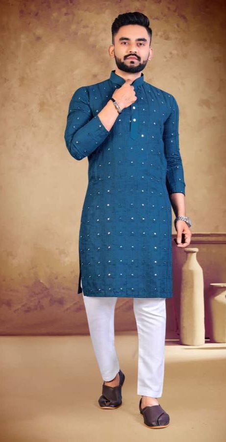 MEN'S BLUE TRIANGAL EMBRODRY WORK KURTA ONLY