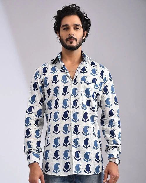 WHITE AND BLUE MANGO PRINTED SHIRT