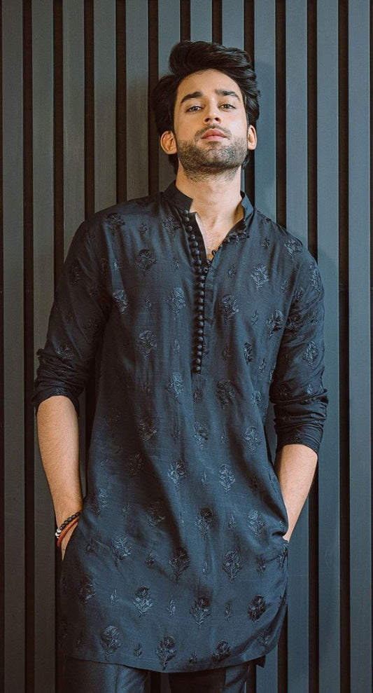 CELEBRITY MEN'S DESIGNER EMBRODRY BLACK KURTA WITH PAJAMA