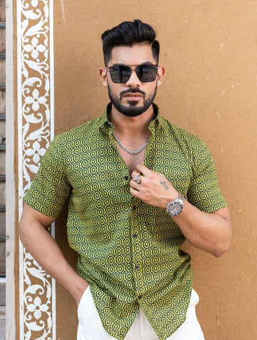 GREEN JAIPURI PRINTED COOTTON SHIRT